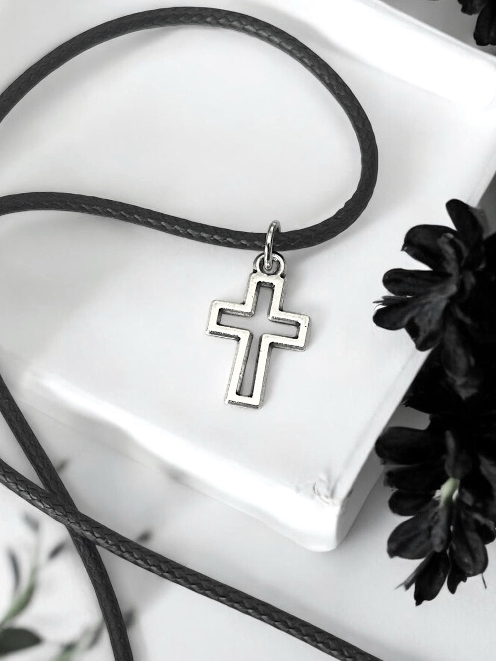 5 For $25💫Small Hollow Silver Cross Pendant on Black Braided Cord Necklace